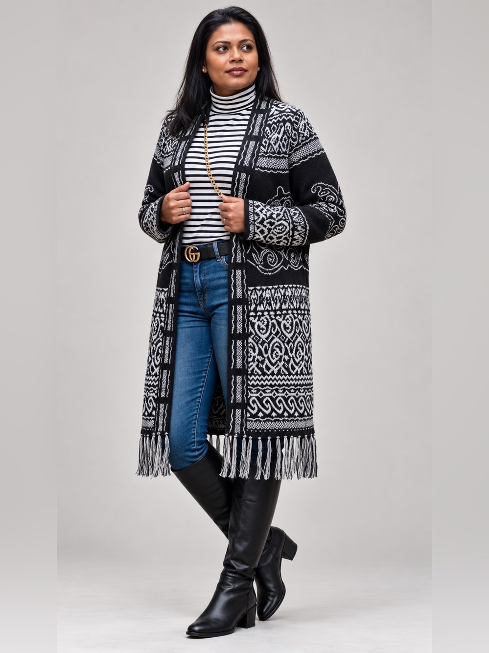 Chico’s Women’s Size 3 (XL) Black Gray Open Front Fringe Cardigan Boho Sweater
